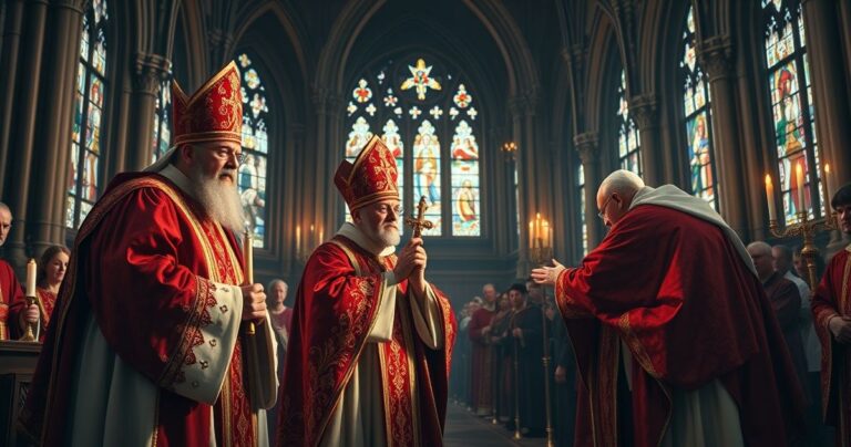 Obraz przedstawiający tradycyjną ceremonię święceń biskupich, ukazujący powagę i krytykę współczesnego kryzysu w Kościele katolickim z perspektywy sedevacantistycznej.