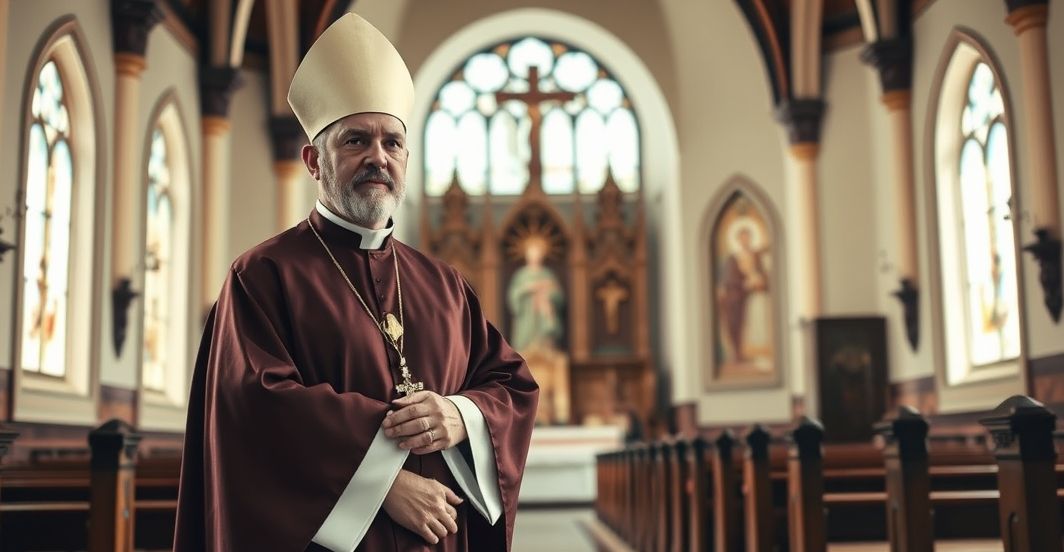 Rewersywny obraz katolickiego biskupa w tradycyjnym kościele, ukazujący kryzys duchowieństwa posoborowego i odchodzenie od prawdziwej wiary