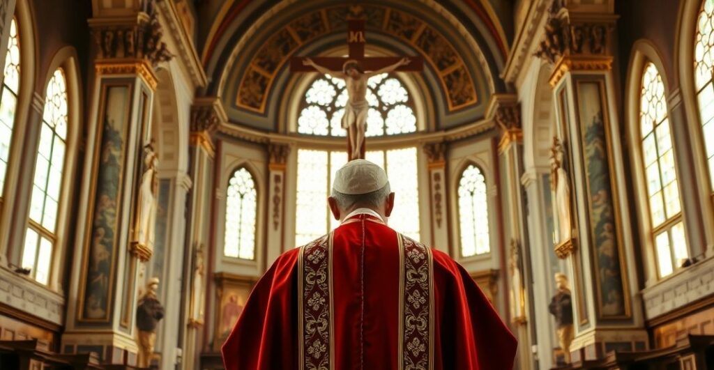 Biskup w tradycyjnych szatach stojący przed krucyfiksem w kościele, symbolizujący kryzys duchowości i krytykę współczesnych struktur Kościoła katolickiego