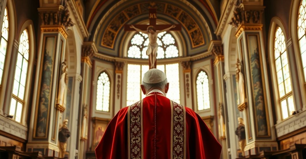 Biskup w tradycyjnych szatach stojący przed krucyfiksem w kościele, symbolizujący kryzys duchowości i krytykę współczesnych struktur Kościoła katolickiego