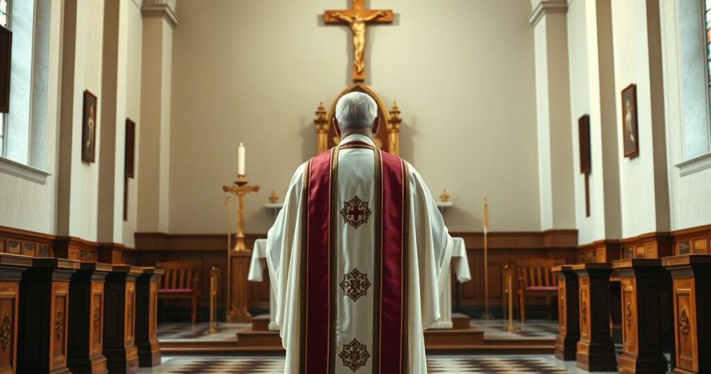 Pogrzeb kapłana w tradycyjnej liturgii katolickiej, symboliczny obraz kryzysu wiary i duchowej walki w Kościele.