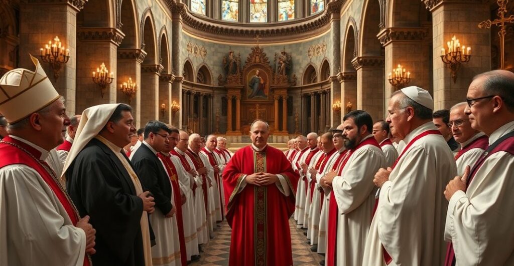 Sentymentalna scena kościelna z kapłanami w tradycyjnych strojach, ukazująca kryzys wiary i zdradę hierarchii katolickiej