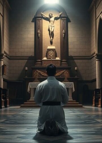 Realistyczny obraz seminaristy katolickiego w kryzysie powołań Fotografia realistycznego seminarzysty katolickiego modlącego się w starym kościele, symbolizująca kryzys powołań i upadek prawdziwej wiary katolickiej