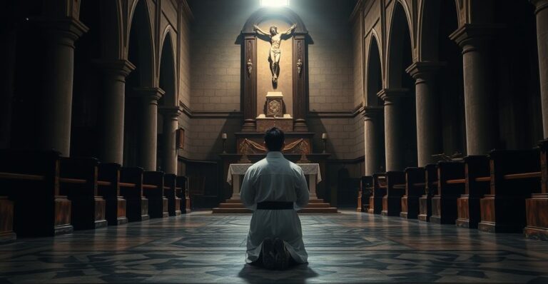 Fotografia realistycznego seminarzysty katolickiego modlącego się w starym kościele, symbolizująca kryzys powołań i upadek prawdziwej wiary katolickiej