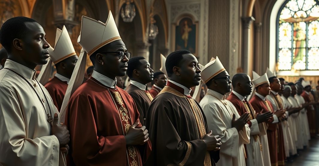 Kryzys wiary w afrykańskim Kościele katolickim – scena liturgiczna Kościół katolicki w Afryce podczas tradycyjnej Mszy, ukazujący duchową i liturgiczną kryzys, wiernych i kapłanów w modlitewnym skupieniu, wiernie oddający realne oblicze kryzysu wiary