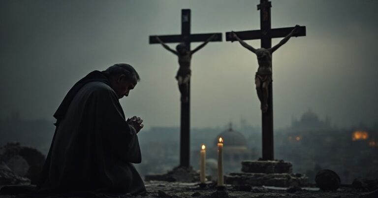 Prawdopodobnie opoka.org.pl - Tradycyjny katolicki obraz przedstawiający księdza modlącego się przed krzyżem na tle niszczonej Jerozolimy.