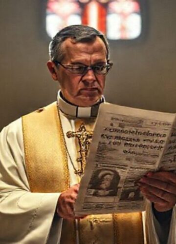 Kryzys katolickiego świadectwa: ksiądz z krzyżem przed współczesną apostazją Ksiądz w tradycyjnych szatach kościelnych trzyma krzyż i patrzy z rozczarowaniem na gazetę z tytułem o nagrodzie kardynała Cupicha dla senatora Durbina.