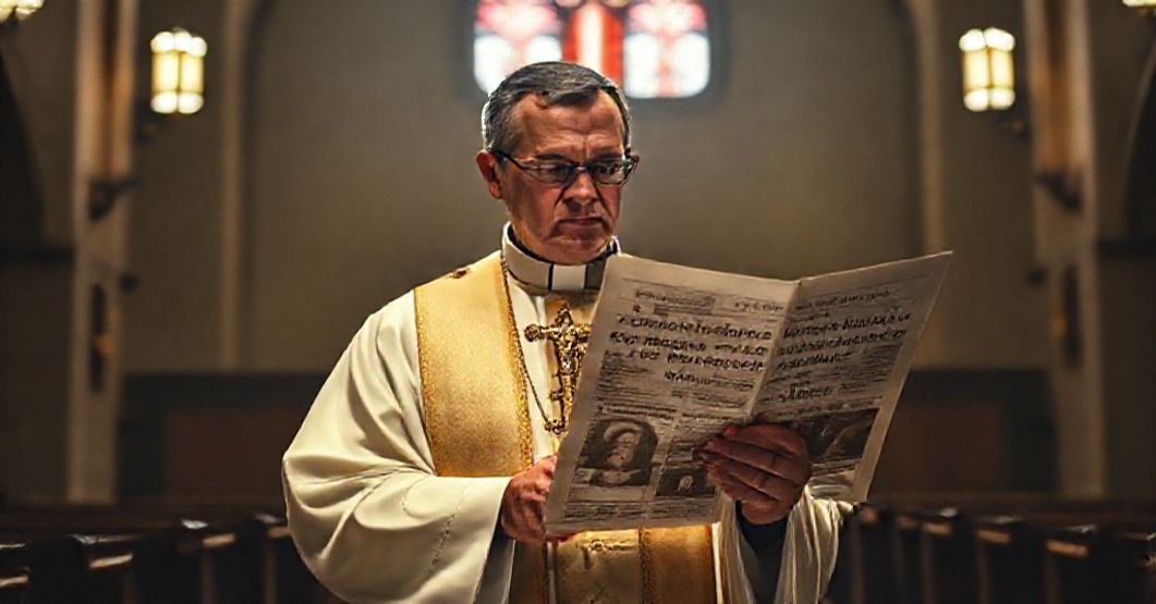 Kryzys katolickiego świadectwa: ksiądz z krzyżem przed współczesną apostazją Ksiądz w tradycyjnych szatach kościelnych trzyma krzyż i patrzy z rozczarowaniem na gazetę z tytułem o nagrodzie kardynała Cupicha dla senatora Durbina.