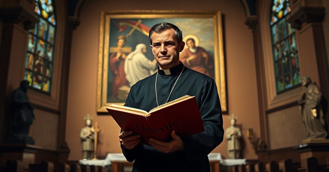 Książ katolicki przeciw modernistycznemu pomieszaniu wiary i marksizmu Książ katolicki w czarnej sutannie trzymający otwartą książę o nazwie 'Dilexi te' w tradycyjnym wnętrzu kościola obok modernistycznego obrazu mieszającego symbole socjalistyczne z religijnymi