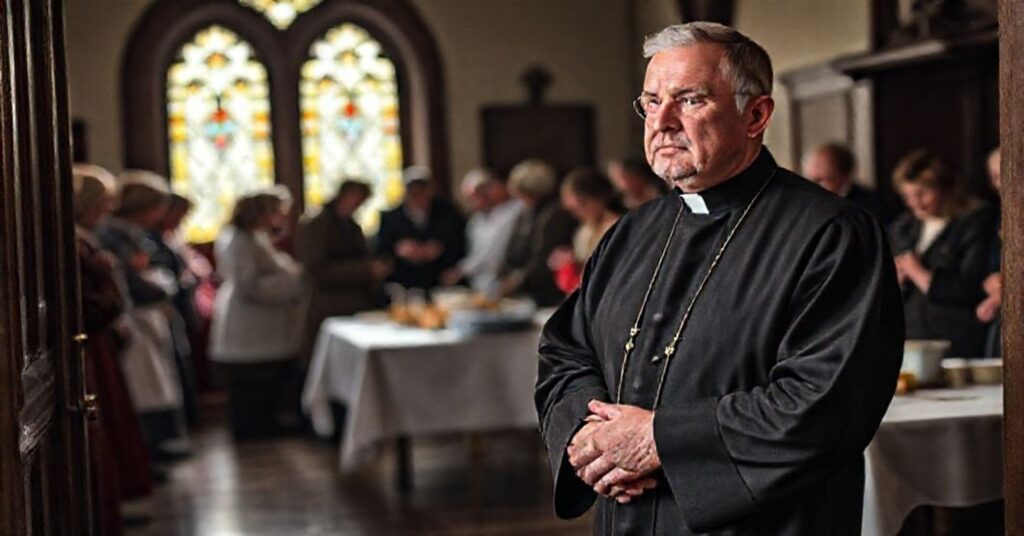 Ksiądz w tradycyjnych szatach liturgicznych stojący na progu jadłodajni w Chojnicach, obserwujący ludzi odbierających posiłki. W tle grupa ludzi zebrana dookoła stołu z białym obrusem błagającego o modlitwę.