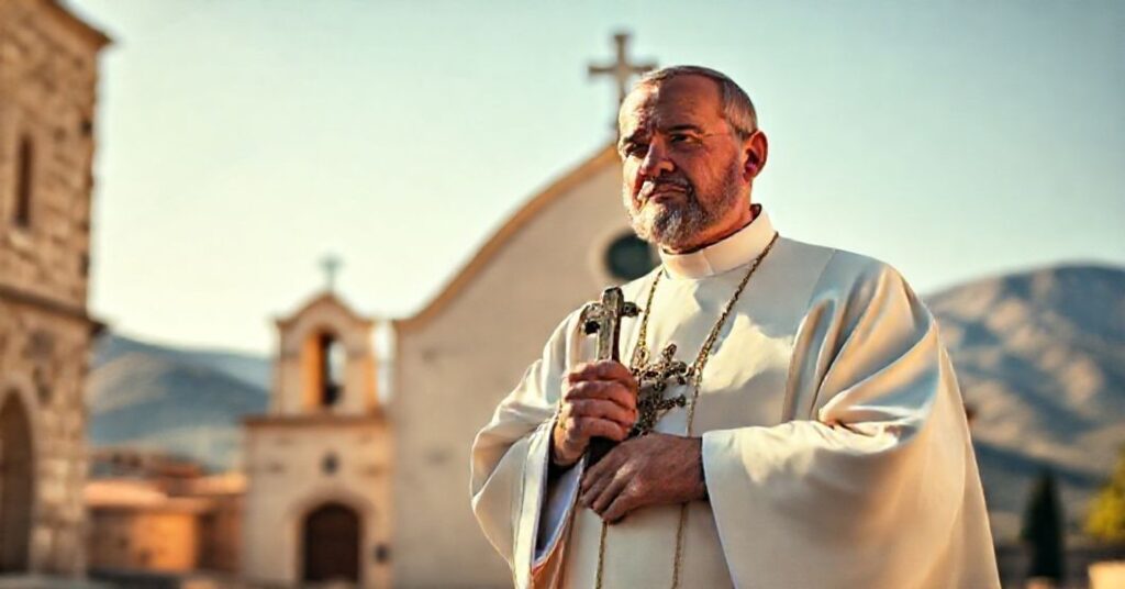 Tradycyjny ksiądz katolicki w pełnym stroju liturgicznym stoi przed starą libańską cerkwią z widowiskowym widokiem gór na tle.