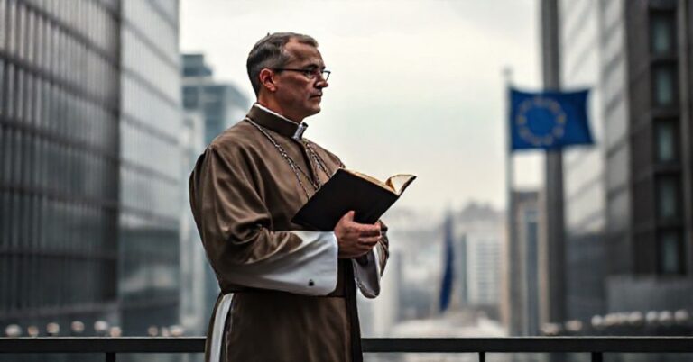 Ksiądz w tradycyjnych szatach kościelnych patrzy zaniepokojenie na flagę Unii Europejskiej podczas dyskusji na temat polityki ekologicznej.