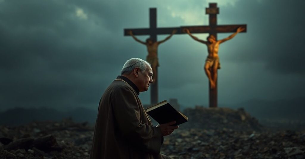 Katholicki biskup w tradycyjnych szatach modli się przed krzyżem na tle zniszczonego krajobrazu wojennego.