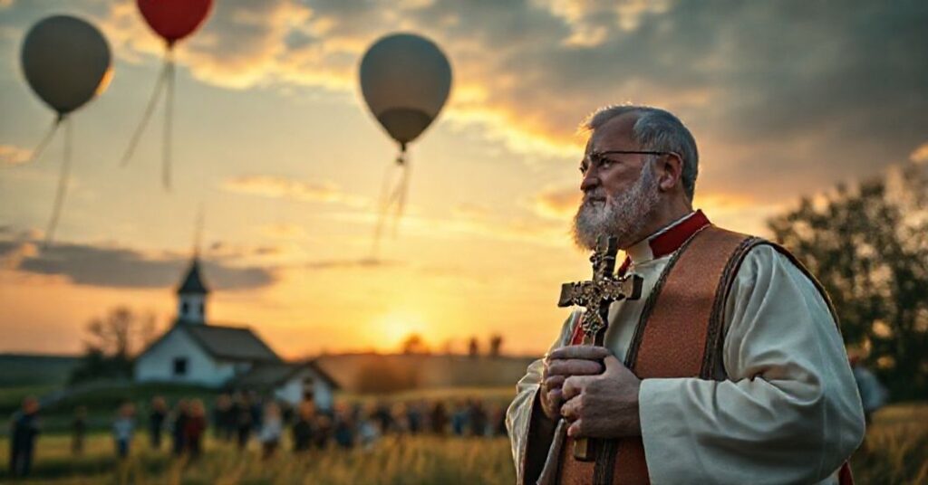 Ksiądz w tradycyjnym stroju liturgicznym stoi w litewskiej wsi, trzymając krzyż przed zmierzchem z niepokojem na twarzy, podczas gdy tłum mieszkańców patrzy na niepokojące balony w dal.