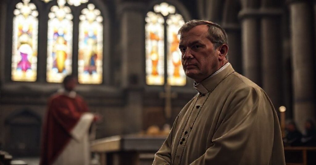 Krakowskie katedralne wnętrze przedstawiające tradycyjnego księdza stojącego przed ołtarzem w kontekście kryzysu Kościoła.