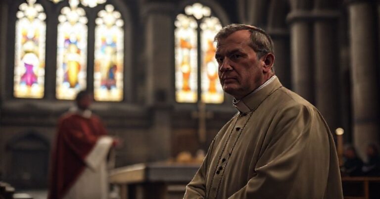 Krakowskie katedralne wnętrze przedstawiające tradycyjnego księdza stojącego przed ołtarzem w kontekście kryzysu Kościoła.