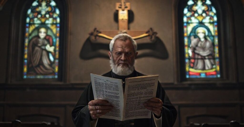 Prawdziwy katolicki ksiądz sedewakantysta w kaplicy modli się przed krzyżem z artykulem o fałszywych męczennikach.