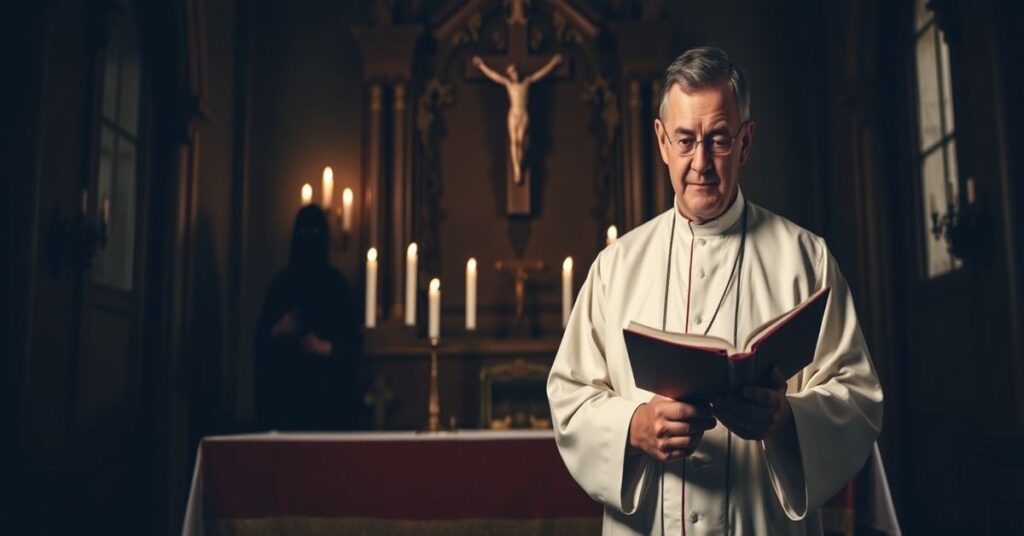 Tradycyjny ksiądz katolicki stoi przed ołtarzem z krzyżem i świecami, rozmyślając nad nowoczesnym duchowym bankructwem