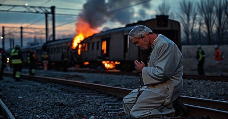Ksiądz w sutannie modli się przed zniszczonym torem kolejowym