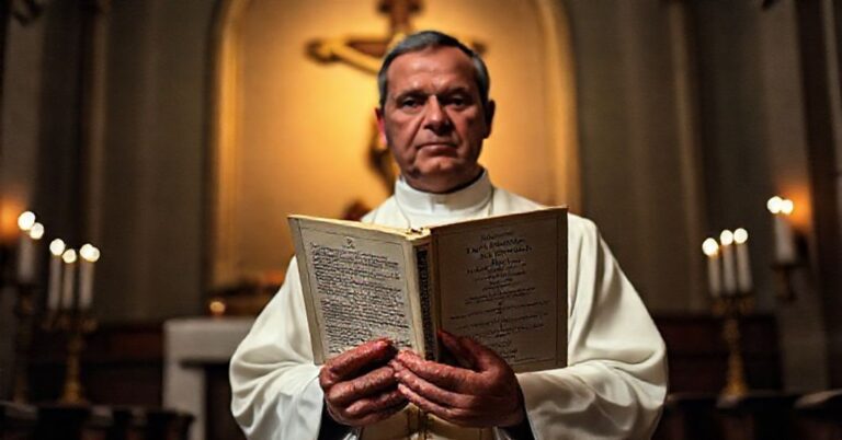 Ksiądz w tradycyjnych szatach kościelnych trzyma książkę Leona XIV o nowej ewangelii, z tłem krzyża i świec.