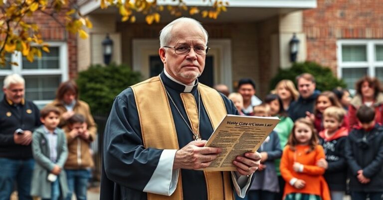 Ksiądz w szatach liturgicznych przemawia do zaniepokojonych rodziców i dzieci przed szkołą w USA