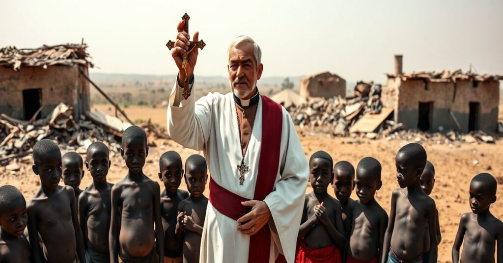 Ksiądz w białej sutannie i czarnej czapce modli się nad groupą głodnych dzieci w Somalii