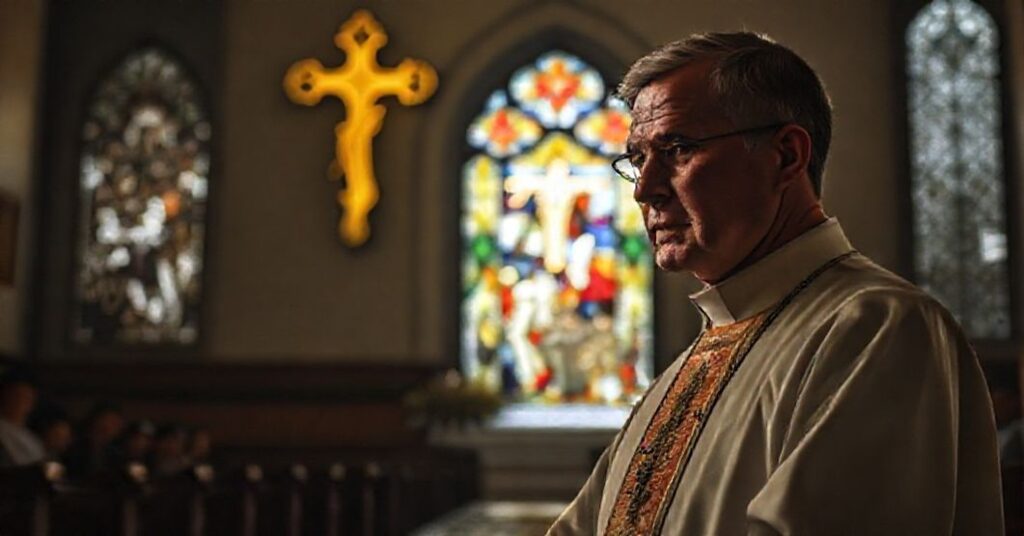 Traditionalny ksiądz w kościele patrzy z troską na wiadomości o przemocy politycznej, symbolizując kryzys duchowy i społeczny