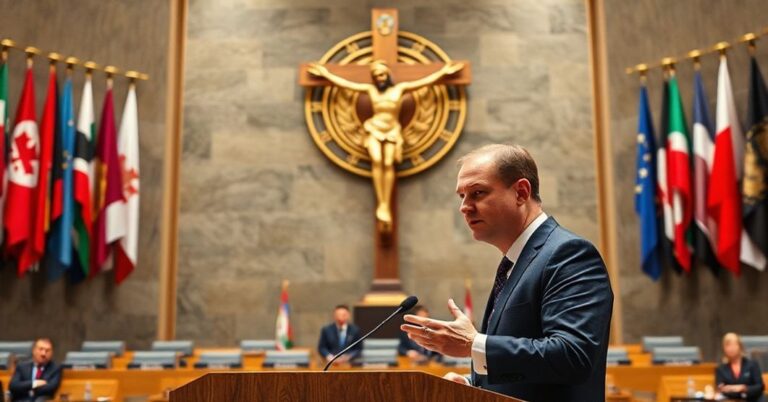 Krzysztof Szczerski na sesji Rady Bezpieczeństwa ONZ z widocznym krzyżem symbolizującym królestwo Chrystusa