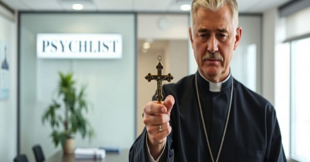 Ksiądz w tradycyjnym ornaty stoi przed konfesjonałem, wyrażając troskę o współczesne odchodzenie od łaski Bożej na rzecz psychologii naturalistycznej.