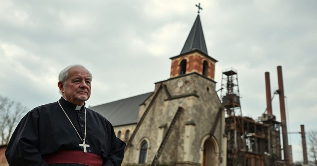 Katolicki ksiądz w ornatach stoi przed pokrzywionym kościołem św. Piotra z Alcantary w Karwinie przy deindustrializowanym krajobrazie.