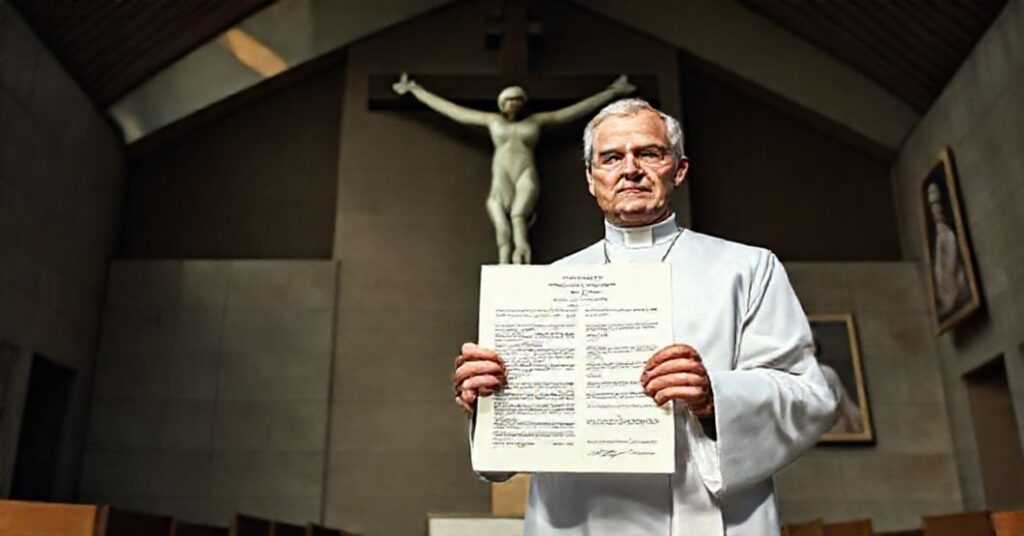 Ksiądz w tradycyjnym ornaty stoi przed pustym modernistycznym krzyżem w opuszczonej kaplicy, symbolizującym doktrynalne pustki Kościoła posoborowego.