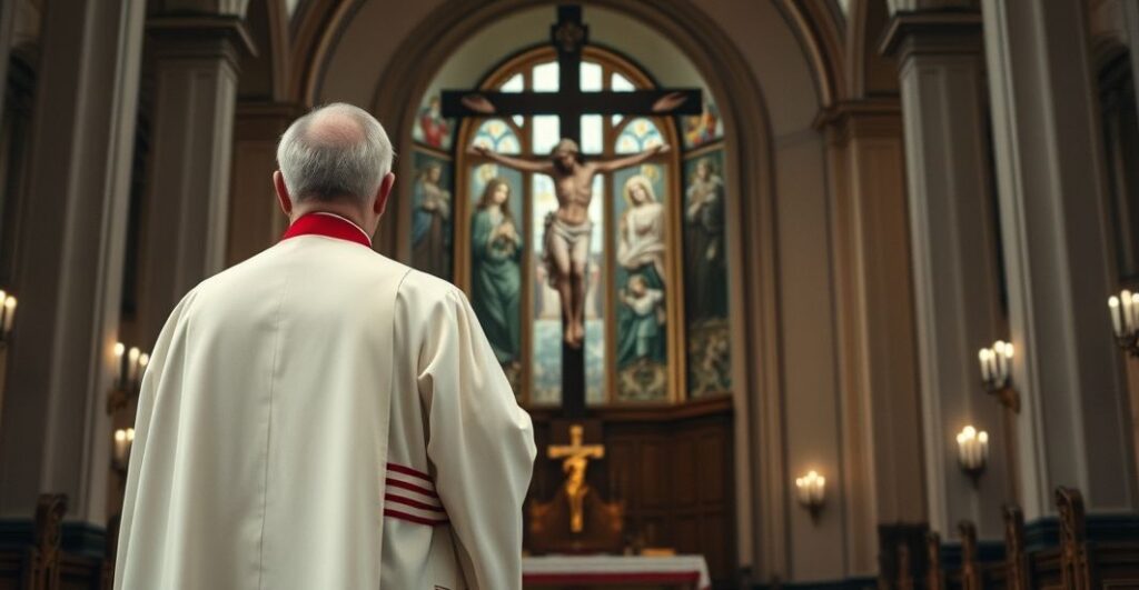 Reverent obraz katolickiego kapłana przed krzyżem w świątyni, symbolizujący Boskie panowanie i odrzucenie ekologicznych ideologii