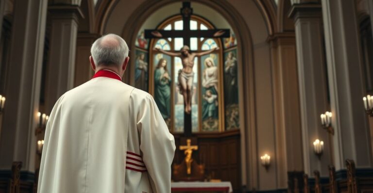 Reverent obraz katolickiego kapłana przed krzyżem w świątyni, symbolizujący Boskie panowanie i odrzucenie ekologicznych ideologii