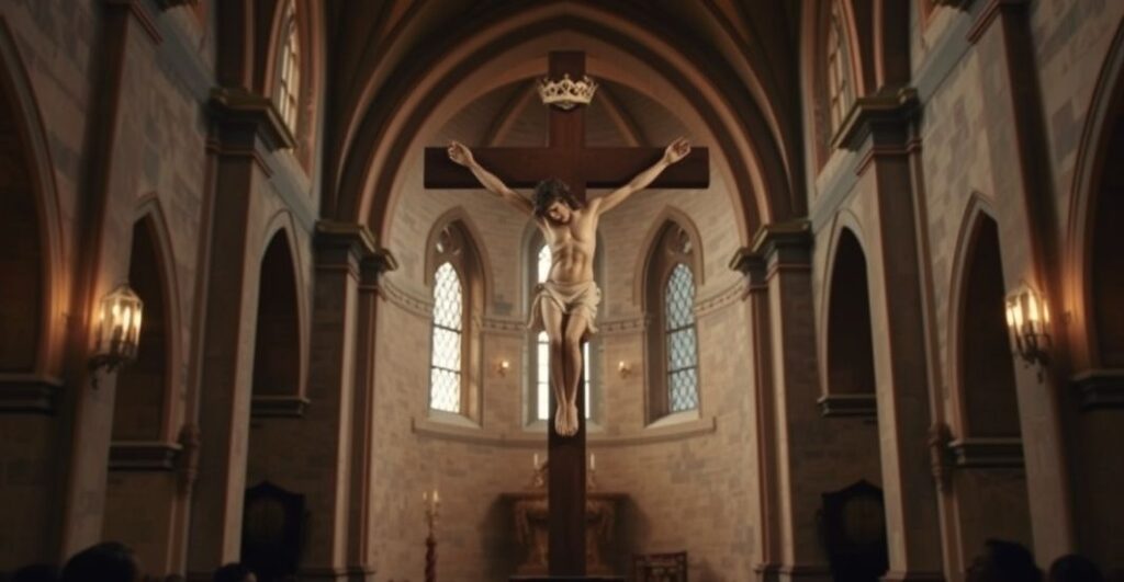 Realistyczne zdjęcie krzyża w katolickiej świątyni, symbol głębokiej wiary i pokory, ukazujące centralne znaczenie Chrystusa w Kościele