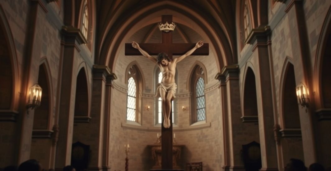 Krzyż Chrystusa w katolickiej świątyni - symbol wiary i ofiary Realistyczne zdjęcie krzyża w katolickiej świątyni, symbol głębokiej wiary i pokory, ukazujące centralne znaczenie Chrystusa w Kościele