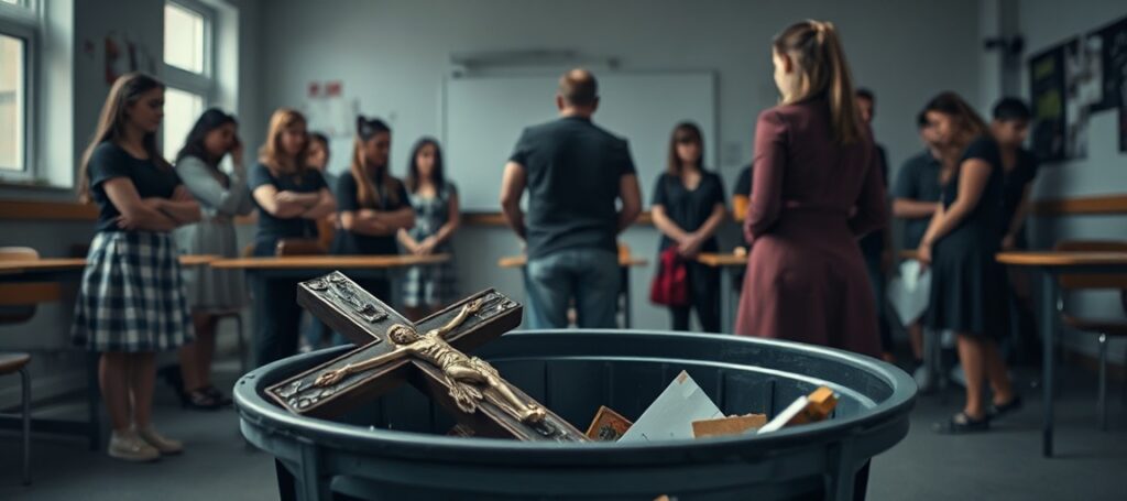 Scena w klasie z krzyżem wyrzuconym do kosza przez nauczycielkę języka angielskiego ze Szkoły Podstawowej w Kielnie.