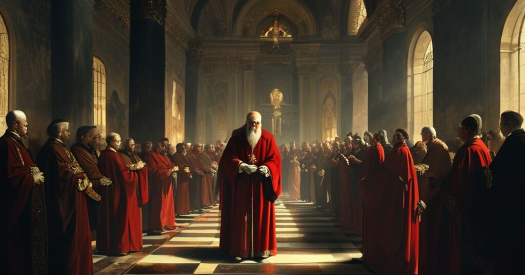 Wnętrza Watykanu w ciemnych kolorach z Monsignorem Marco Agostinim stojącym samotnie przed krzyżem.