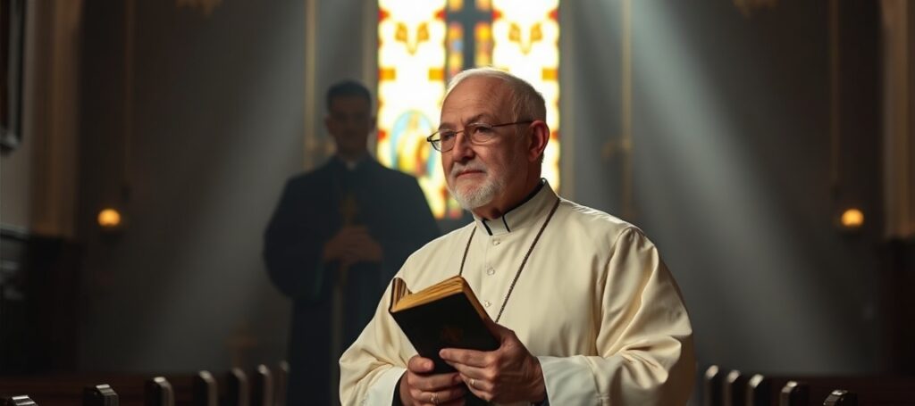 Ks. Alfred Wierzbicki w tradycyjnym kościele katolickim z Biblią w ręku