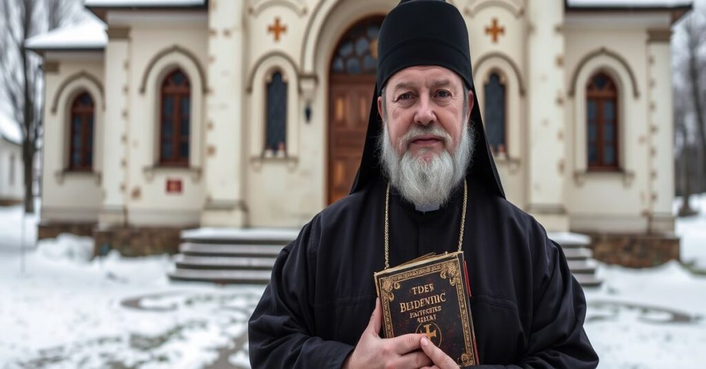 Portret ks. Anatola Parachniewicza w tradycyjnych szatach liturgicznych przed zabytkowym kościołem w Olkowiczach na Białorusi