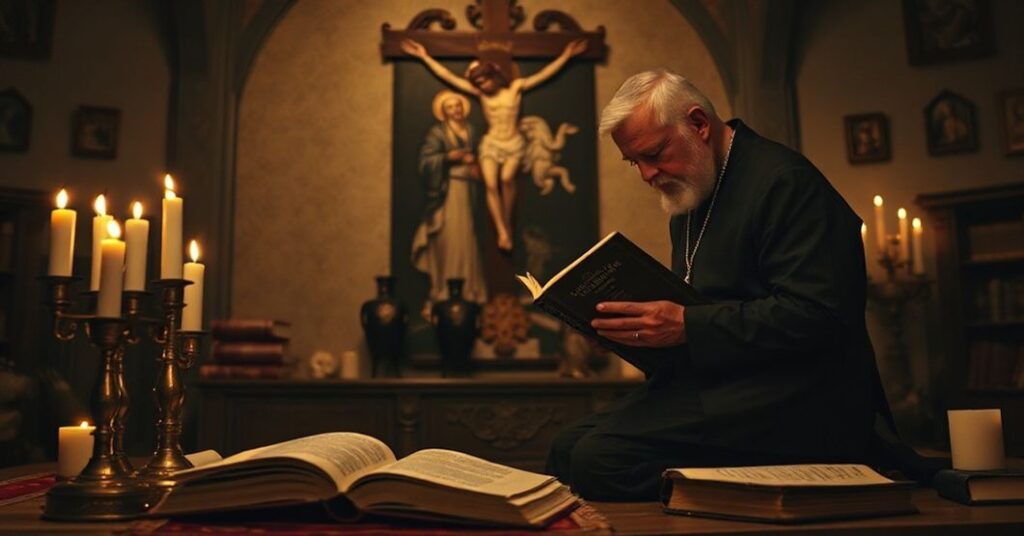 Tradycyjnie ubrany sedewakantysta ks. Antoni Bartoszek modli się w ciemnym kaplicy przed krzyżem i relikwiami św. Jana Ewangelisty.