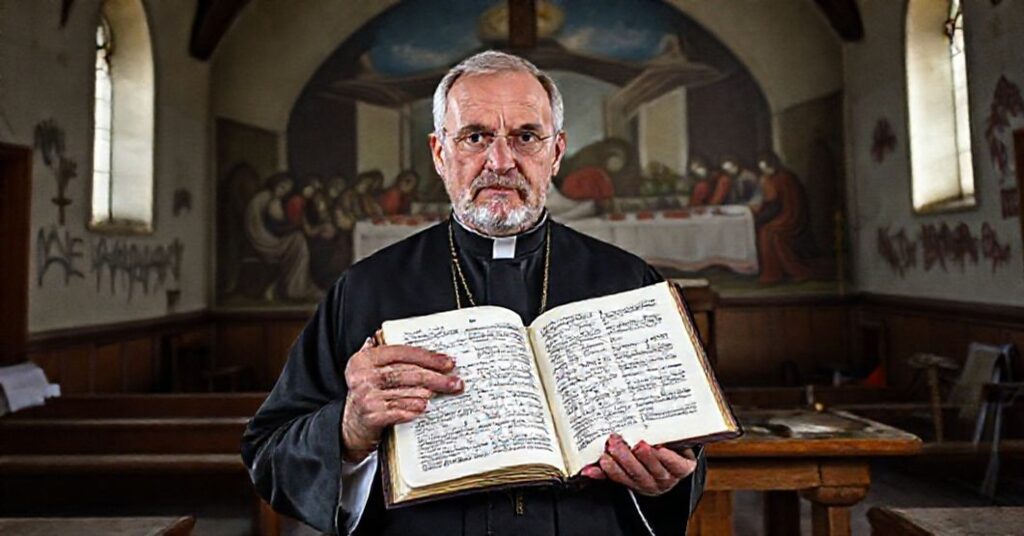 Ks. Antoni Bartoszek w tradycyjnym kościele katolickim, trzymający Biblię z fragmentem Izajasza 4:2, z tłem nawiązującym do nowomodycznych błędów interpretacji proroctw.