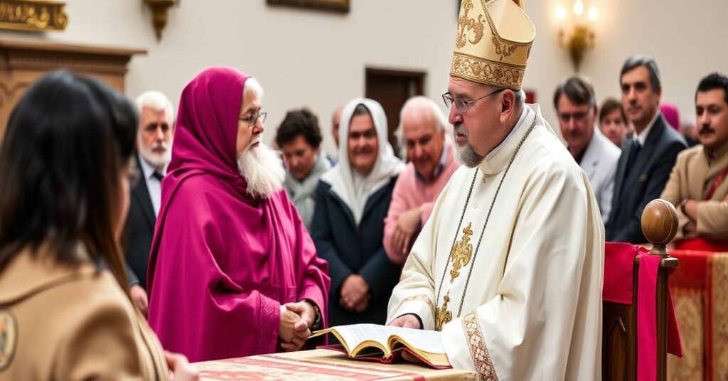Ks. dr Maciej Będziński jako dyrektor Papieskich Dzieł Misyjnych przedstawiony w tradycyjnym habit, otoczony symbolami katolickiej wiary.