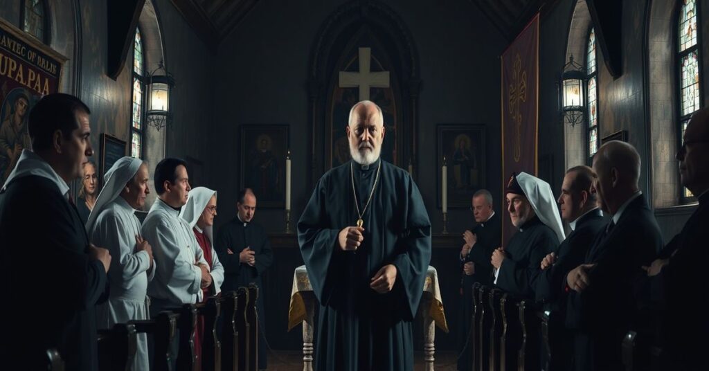 Wizerunek ks. Franciszka Blachnickiego w tradycyjnym kościele katolickim, otoczony wątpliwymi duchownymi i wiernymi. Scena ukazuje teologiczne spory i apostazję.