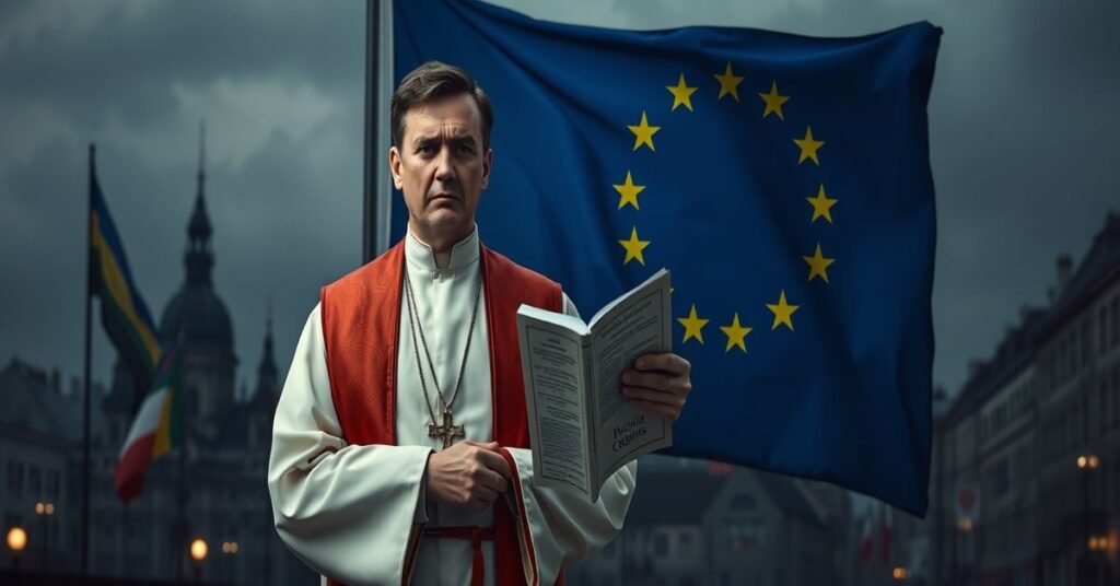 Czarny obraz przedstawiający księcia Adama Bonieckiego w tradycyjnym stroju kapłańskim stojącego przed flagą Unii Europejskiej