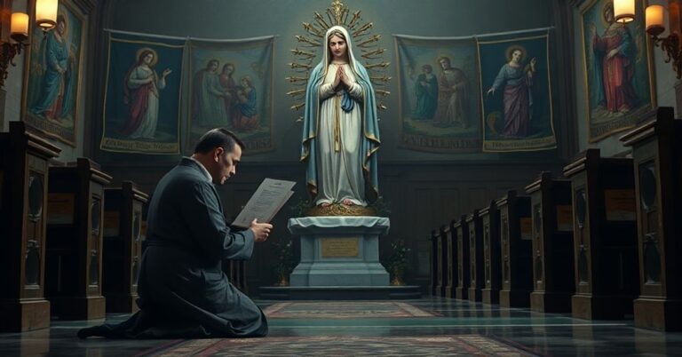 Ks. Charles Murr modli się przed wizerunkiem Najświętszej Maryi Panny w tradycyjnym kościele katolickim, symbolizując walkę o prawdę doktrynalną wobec modernistycznej rewolucji