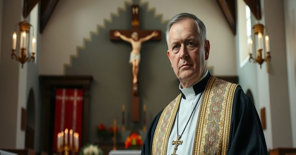 Ks. prof. dr hab. Marek Chmielewski w kościele z krucyfiksem, symbolizujący naturalistyczne zniekształcenie Wielkiego Postu