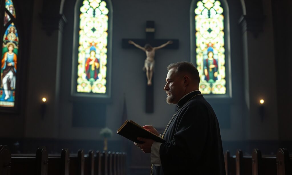 Tradycyjny ksiądz katolicki w starożytnym kościele rozmawia z pustymi ławkami