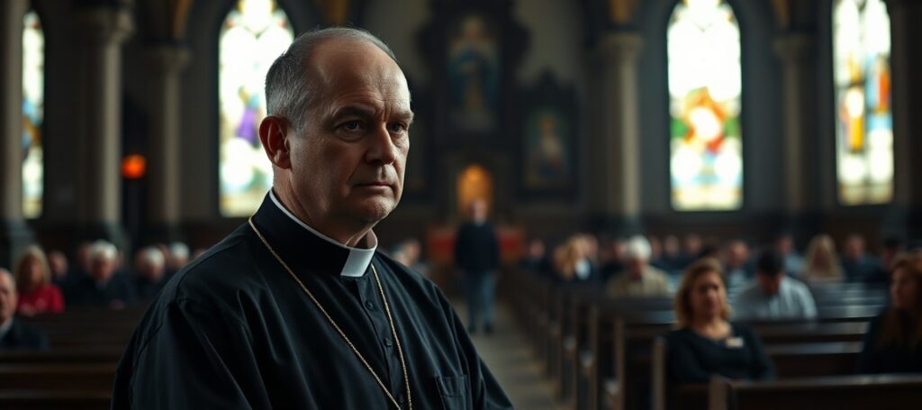 Portret księdza Andrzeja Draguły w tradycyjnym stroju kapłańskim w gotyckim wnętrzu kościoła.