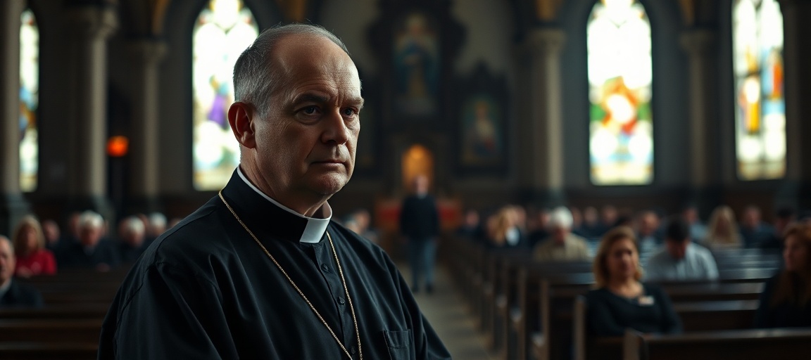 Portret księdza Andrzeja Draguły w tradycyjnym stroju kapłańskim w gotyckim wnętrzu kościoła.