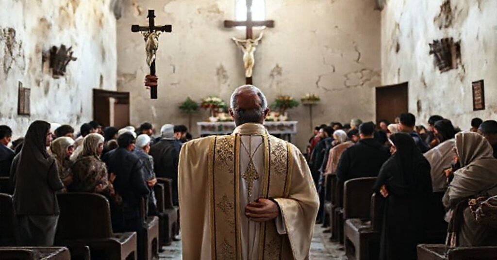 Ks. Gabriel Romanelli przed zniszczonym kościołem w Gazie z krzyżem w dłoni, w tle biedni ludzie i naturalistyczne dekoracje ołtarza.